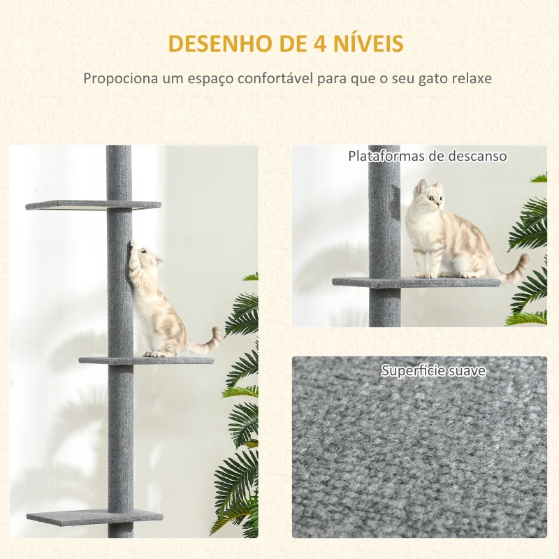 PawHut Arranhador para Gatos de Chão ao Teto com Altura Ajustável 4 Plataformas e Poste de Sisal 43x27x228-260 cm Cinza