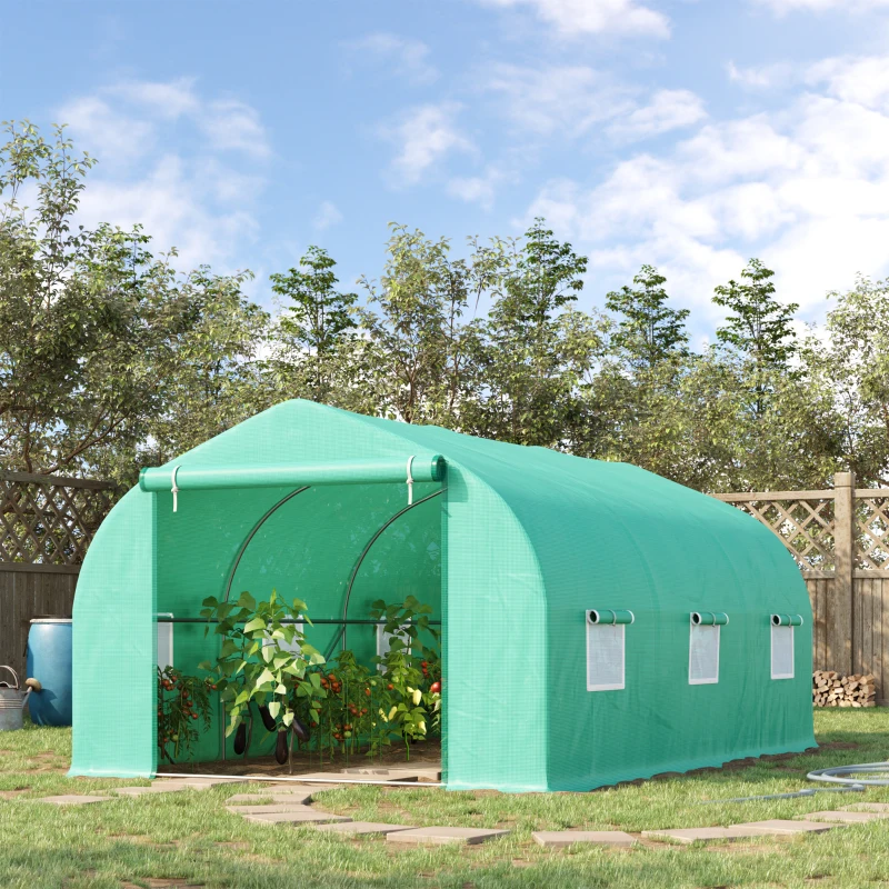 Outsunny Seră pentru Grădină cu 6 Ferestre, Ușă Rulantă și Acoperiș Învelit PE, 4,5x3x2 m, Verde Închis(m-2)