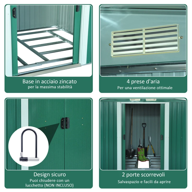 Outsunny Casetta da Giardino Porta Utensili in Lamiera di Acciaio, Capanno da Giardino in Acciaio con Base e Porte Scorrevoli, 258x206x178cm, Verde