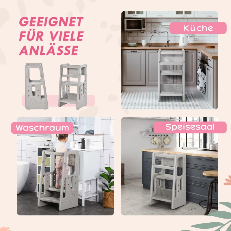 HOMCOM Leertoren voor kinderen, 3-traps in hoogte verstelbaar, antislip voeten, stevig plastic, grijs, 47 x 47 x 90 cm