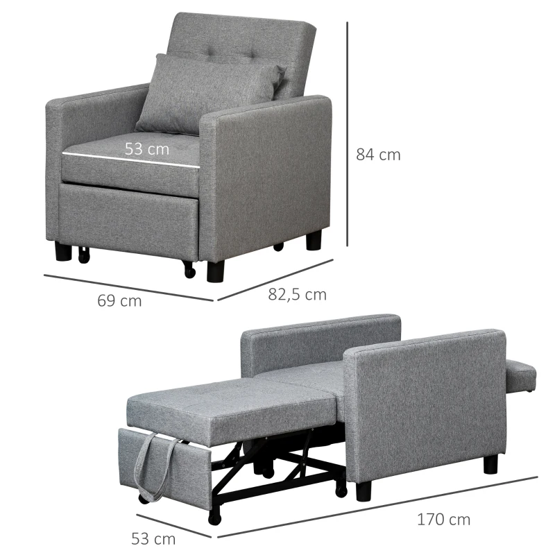 HOMCOM Fauteuil chauffeuse canapé-lit convertible 1 place dossier inclinable à 3 positions avec accoudoirs coussins conforts gris