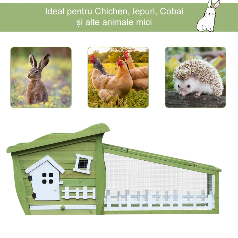 PawHut Cusca Adapost pentru Iepuri cu Casuta si Parte Externa Detasabila,155x54.5x65cm Verde