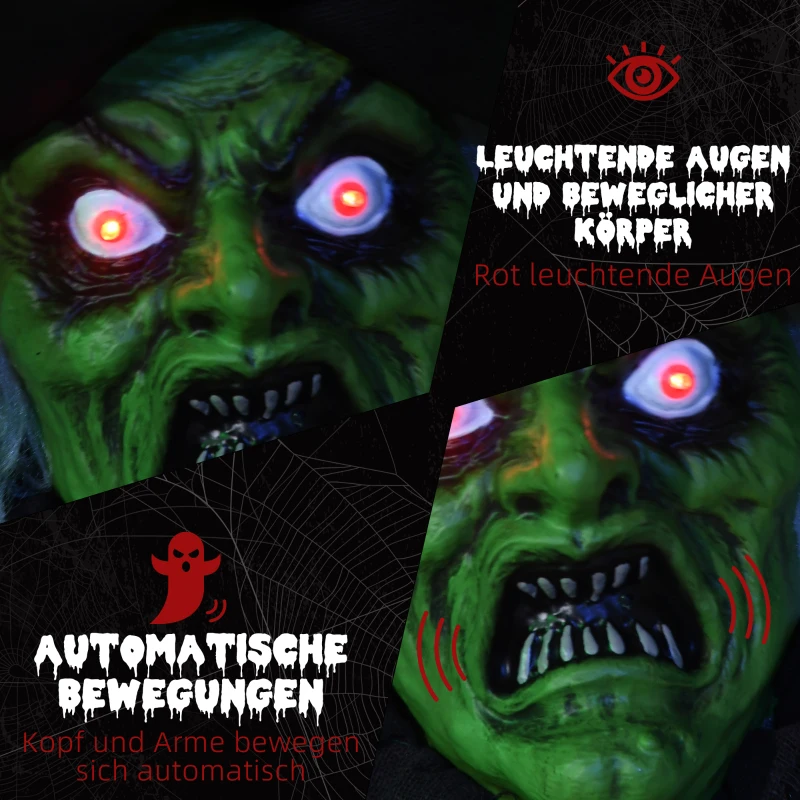 HOMCOM Halloween-heks, Halloween-decoratie, geluidsfunctie, met bewegingssensor en LED-lampjes, 60 cm x 18 cm x 183 cm