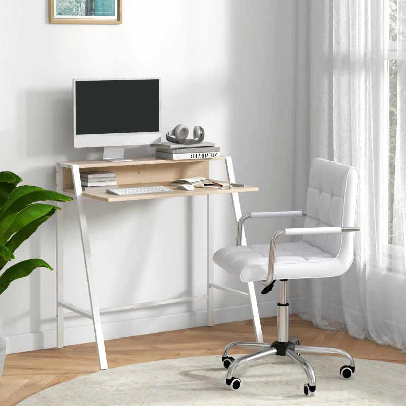 HOMCOM Home Office Chair and Computer Desk Set, Faux Leather Desk Chair with Swivel Wheels, Study Desk with Storage Shelf, White