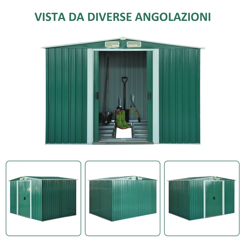 Outsunny Casetta da Giardino Porta Utensili in Lamiera di Acciaio, Capanno da Giardino in Acciaio con Base e Porte Scorrevoli, 258x206x178cm, Verde