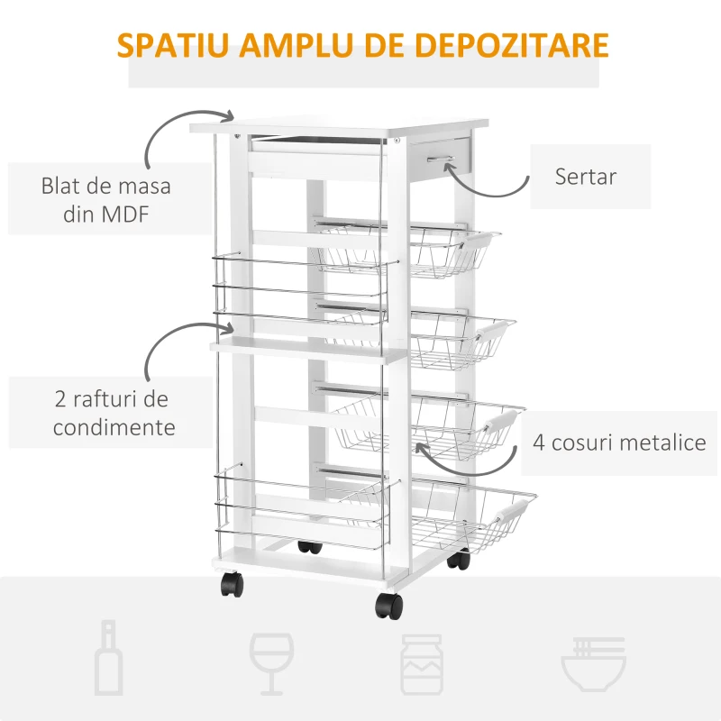 HOMCOM carucior de bucatarie, 47x37x83 cm, alb