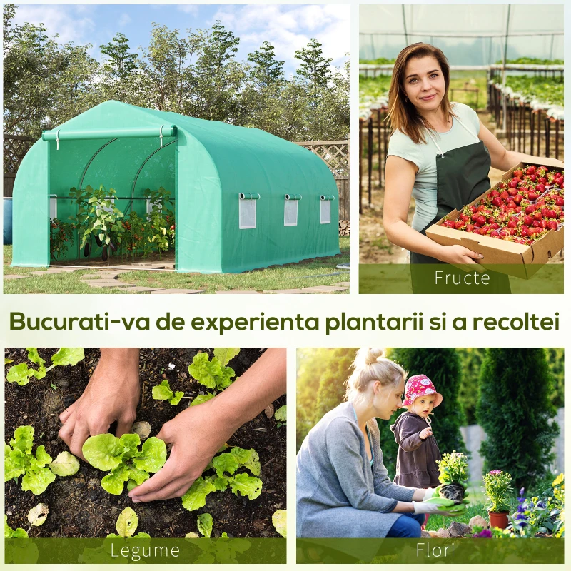 Outsunny Seră pentru Grădină cu 6 Ferestre, Ușă Rulantă și Acoperiș Învelit PE, 4,5x3x2 m, Verde Închis(m-8)