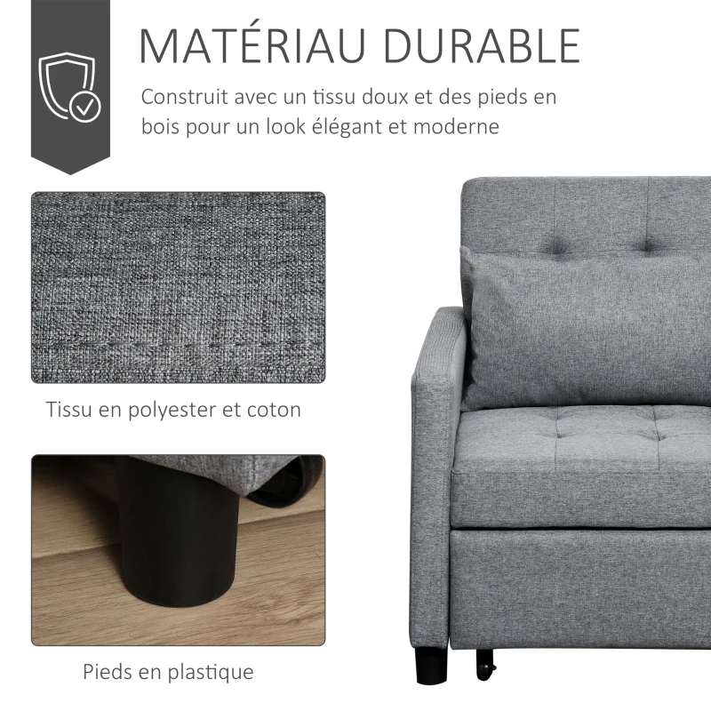HOMCOM Fauteuil chauffeuse canapé-lit convertible 1 place dossier inclinable à 3 positions avec accoudoirs coussins conforts gris