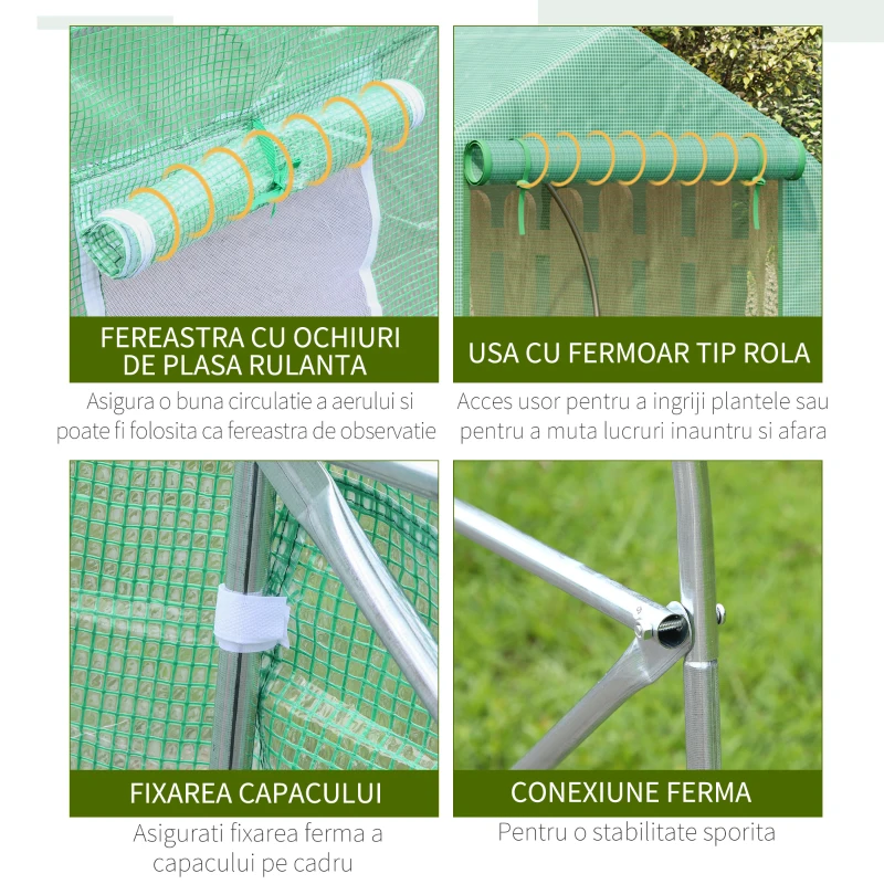 Outsunny Seră pentru Grădină cu 6 Ferestre, Ușă Rulantă și Acoperiș Învelit PE, 4,5x3x2 m, Verde Închis(m-7)