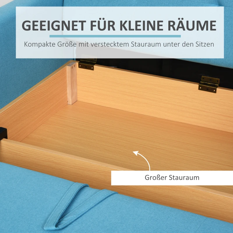 HOMCOM Sofa do spania dla dwóch osób, tapicerowane sofa z miejscem do przechowywania, jasnoniebieskie poduszki na plecy