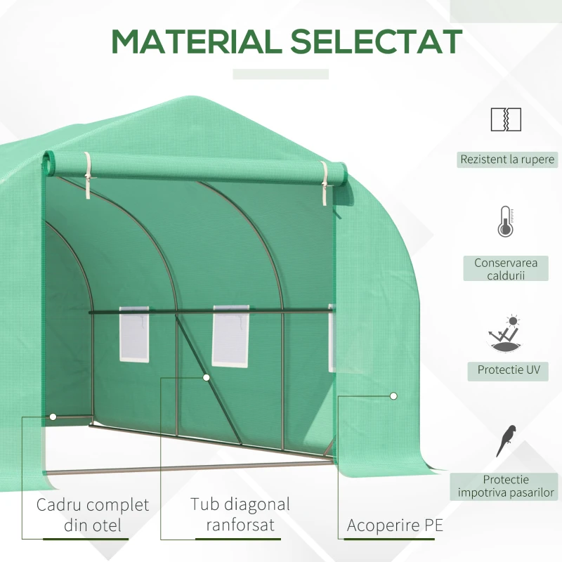 Outsunny Seră pentru Grădină cu 6 Ferestre, Ușă Rulantă și Acoperiș Învelit PE, 4,5x3x2 m, Verde Închis(m-5)