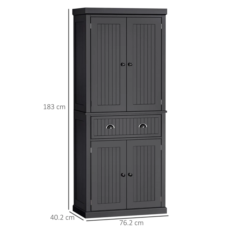 HOMCOM 183cm Freestanding Kitchen Cupboard, Tall Storage Cabinet with 4 Doors and 3 Adjustable Shelves, Traditional Kitchen Pantry Cupboard for Dining Room, Black