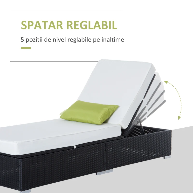 Outsunny sezlong plaja din ratan, 195,5x68x31cm, negru