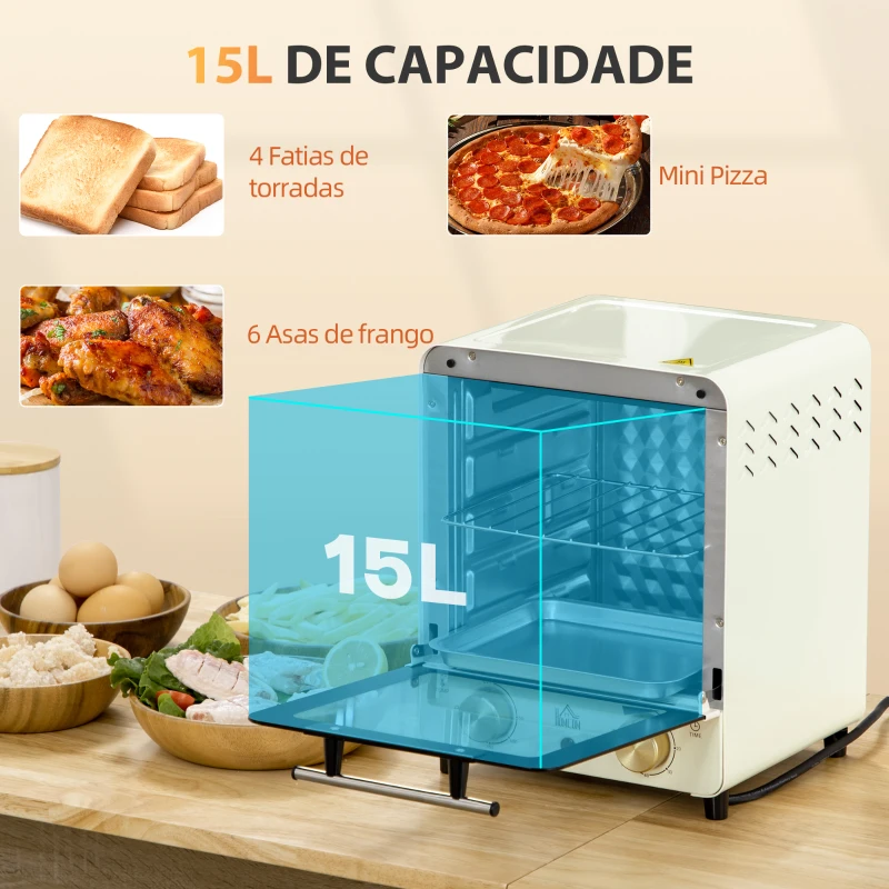 HOMCOM Mini Forno Elétrico 15 Litros 1000W com Temperatura até 230°C e Temporizador 60 Minutos 25,5x27,5x32cm Creme