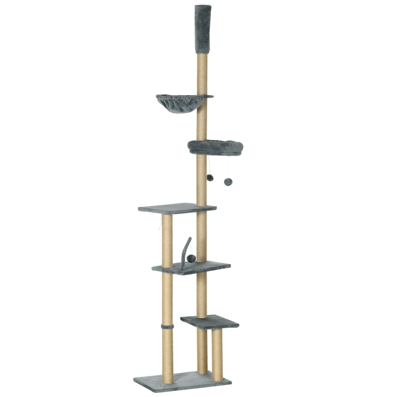 PawHut Floor to Ceiling Cat Tree for Indoor Cats, 6-Tier Play Tower Climbing Activity Center with Scratching Post, Platforms, Bed, Hammock, Adjustable Height 230-250cm, Grey
