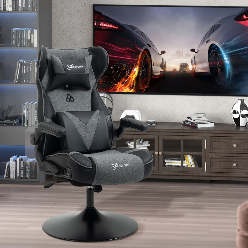 Vinsetto Video Game Chair with Speakers, Leather, Swivel, Height Adjustable w/Flip-up Arms, Headrest, Grey