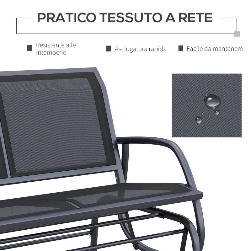 Outsunny Panchina a Dondolo da Giardino a 2 Posti in Metallo e Tessuto a Rete Traspirante, 120x70x85cm, Nero