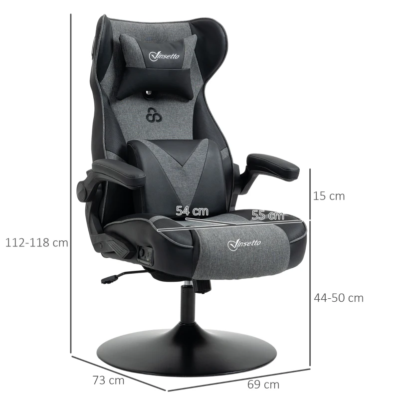 Vinsetto Video Game Chair with Speakers, Leather, Swivel, Height Adjustable w/Flip-up Arms, Headrest, Grey