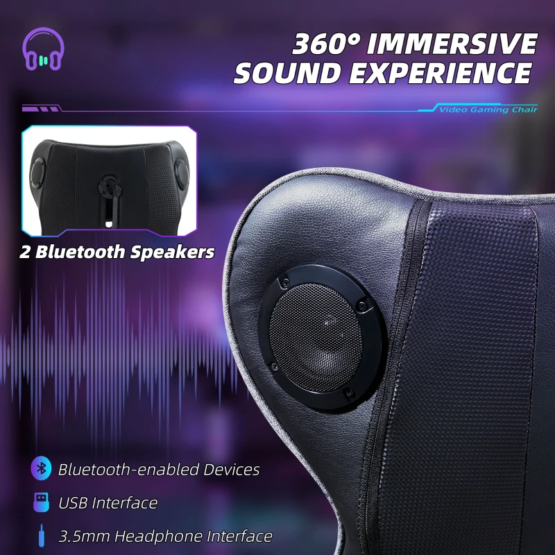 Vinsetto Video Game Chair with Speakers, Leather, Swivel, Height Adjustable w/Flip-up Arms, Headrest, Grey