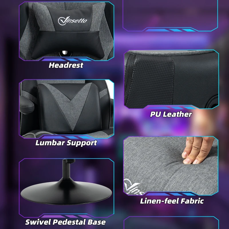 Vinsetto Video Game Chair with Speakers, Leather, Swivel, Height Adjustable w/Flip-up Arms, Headrest, Grey