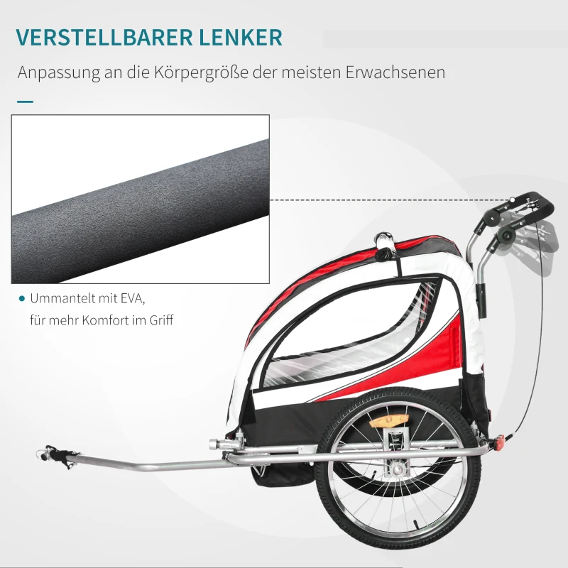 HOMCOM Kinderfahrradanhänger für 2 Kinder inkl. Reflektoren u. Fahne Rot + Weiß