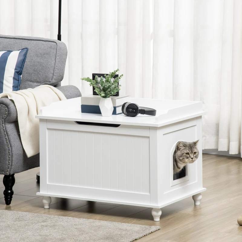 PawHut Katzenklo Katzenschrank mit Stauraum Klappdeckel Weiß 74 x 52 x 55cm