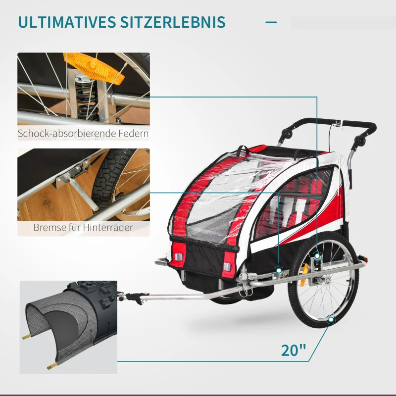 HOMCOM Kinderfahrradanhänger für 2 Kinder inkl. Reflektoren u. Fahne Rot + Weiß