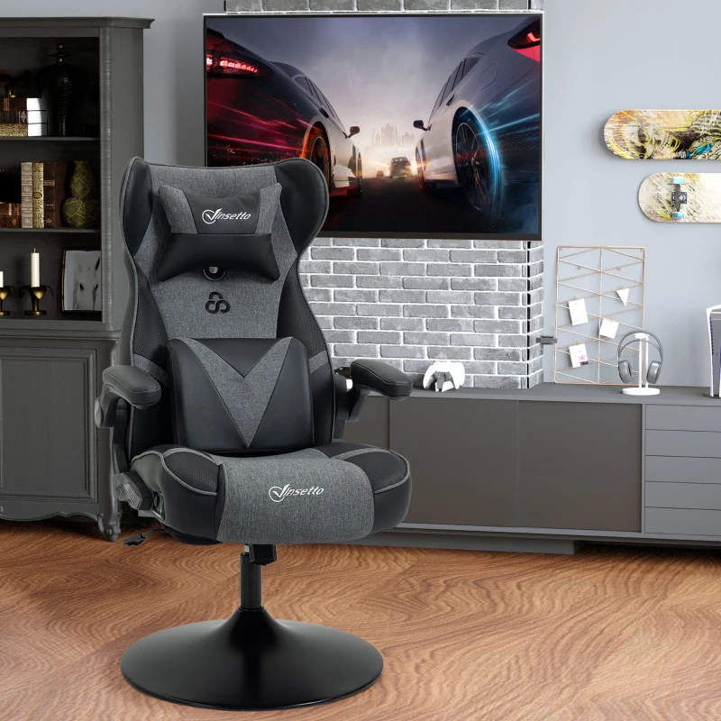 Vinsetto Video Game Chair with Speakers, Leather, Swivel, Height Adjustable w/Flip-up Arms, Headrest, Grey