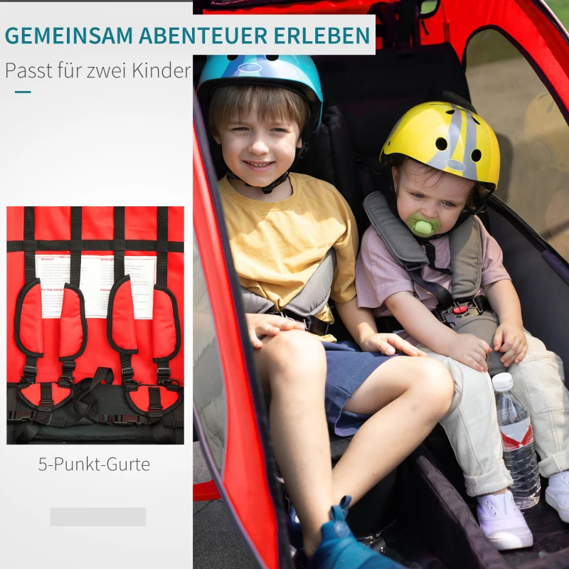 HOMCOM Kinderfahrradanhänger für 2 Kinder inkl. Reflektoren u. Fahne Rot + Weiß