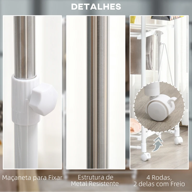 HOMCOM Charriot Dobrável para Roupa com Rodas Barras para Pendurar Extensíveis Altura Ajustável e 2 Prateleiras 88-157x50x95-160cm Branco