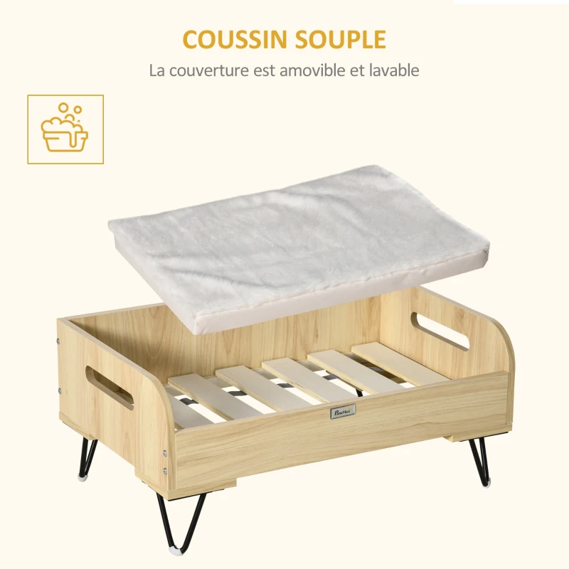 PawHut Canapé lit pour chien chat design dim. 70L x 45l x 31,5H cm piètement métal avec coussin moelleux 2 poignées latérales MDF blanc et aspect bois