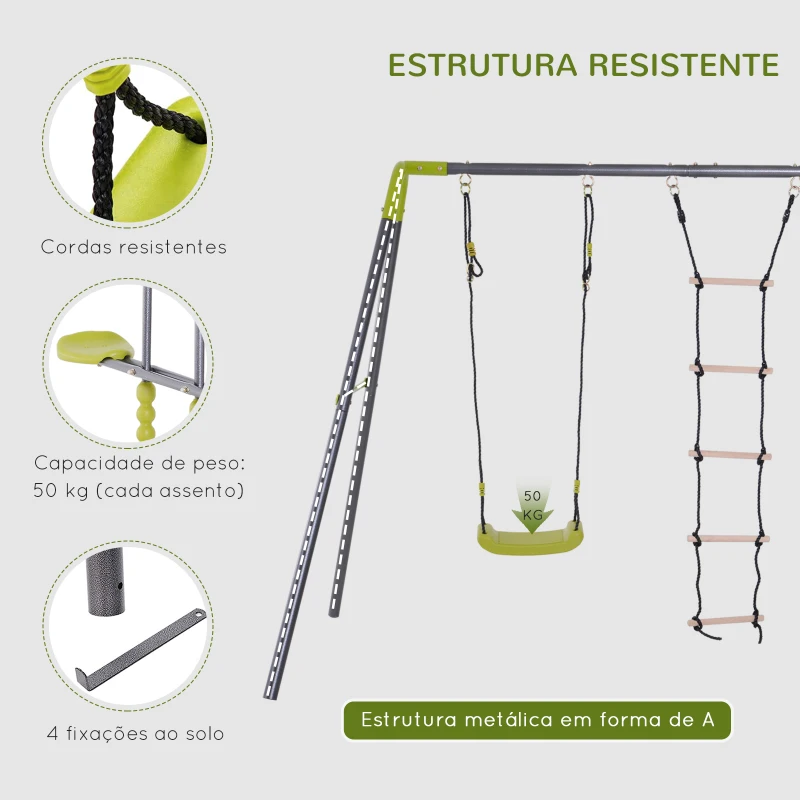 HOMCOM Conjunto de Baloiços 3 em 1 para Crianças acima de 3 Anos Baloiços e Escada de Corda 295x138x175 cm Cinza e Verde