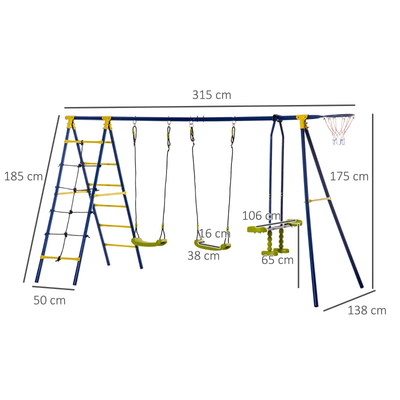 Outsunny Juego de Columpios Infantil de Metal con 2 Asientos Doble Balancín Escalera Torre de Escalada y Canasta Parque de Jardín para Niños +3 Años 315x138x175 cm Multicolor