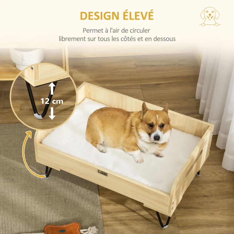 PawHut Canapé lit pour chien chat design dim. 70L x 45l x 31,5H cm piètement métal avec coussin moelleux 2 poignées latérales MDF blanc et aspect bois