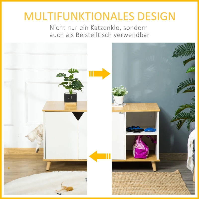 PawHut Katzenschrank für katzentoilette 2 in 1 Design Katzenklo mit Magnettür Beistelltisch Katzenhaus für Katzenbett mit Türöffnung Kiefernholz Eiche+Weiß 100 x 55 x 60 cm