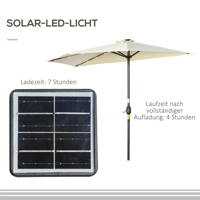 Outsunny parasol, terrasschaduw, halfrond, met zonnepaneel, 20 LED's, handslinger, beige, 2,70 x 1,35 x 2,40 m