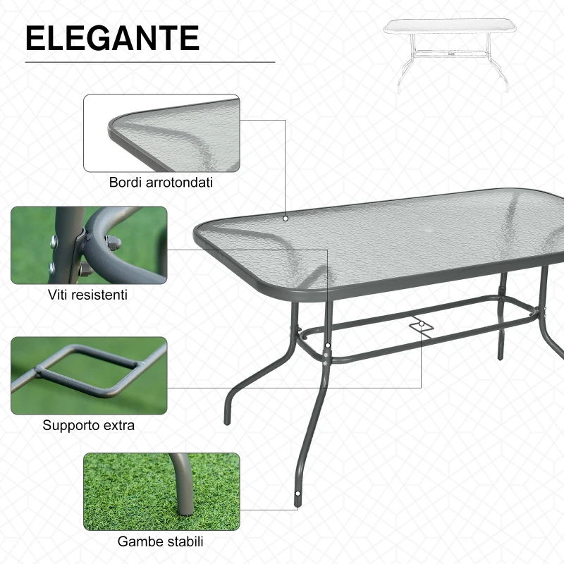 Outsunny Tavolo da Giardino con Foro per Ombrellone, Arredamento da Esterno in Metallo e Vetro 140x80x70cm Grigio