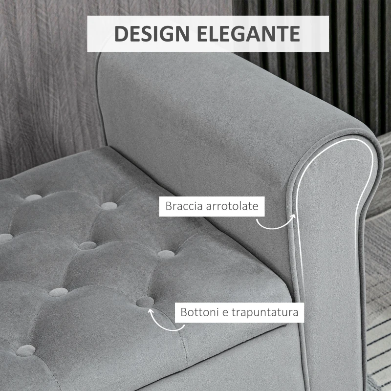 HOMCOM Panca Fondo Letto in Tessuto Vellutato con Spazio Portaoggetti e Braccioli, 126x48.5x57 cm, Grigio