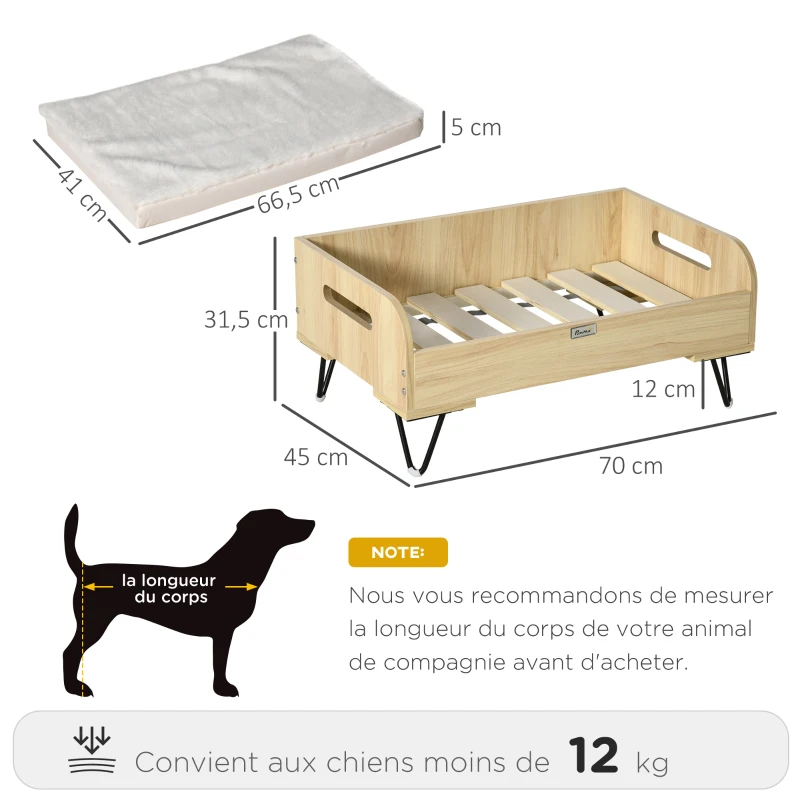 PawHut Canapé lit pour chien chat design dim. 70L x 45l x 31,5H cm piètement métal avec coussin moelleux 2 poignées latérales MDF blanc et aspect bois
