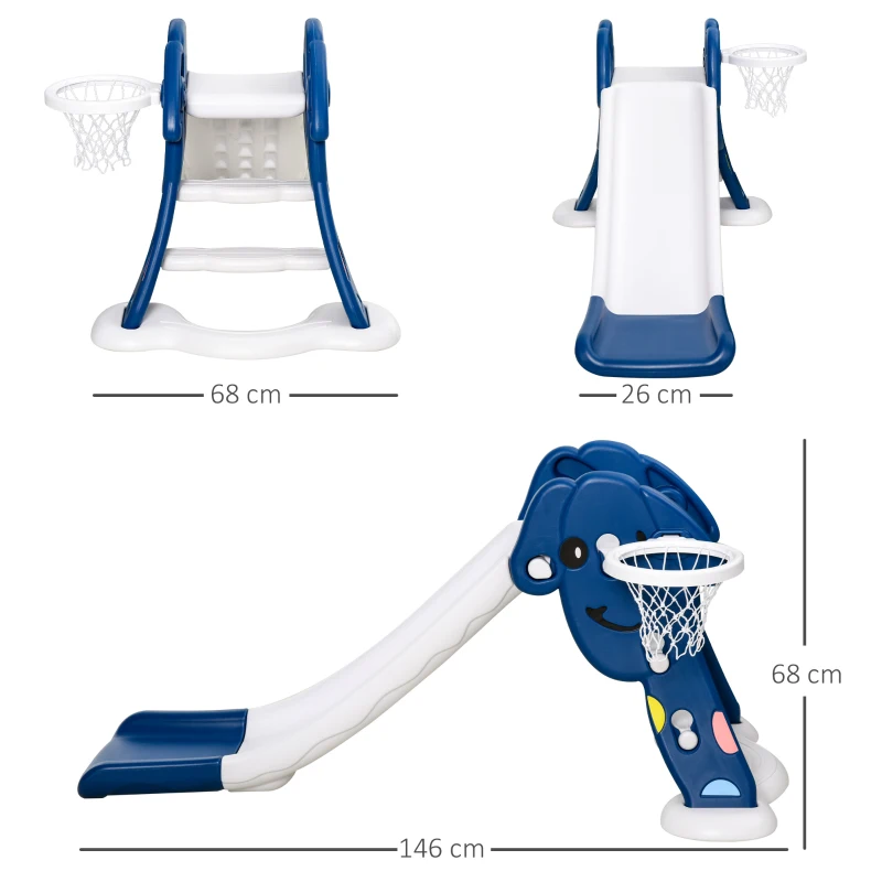 HOMCOM Scivolo per Bambini 1-4 Anni con Canestro, Pallone Basket e Pompetta per Giardino o Cameretta, Blu e Bianco