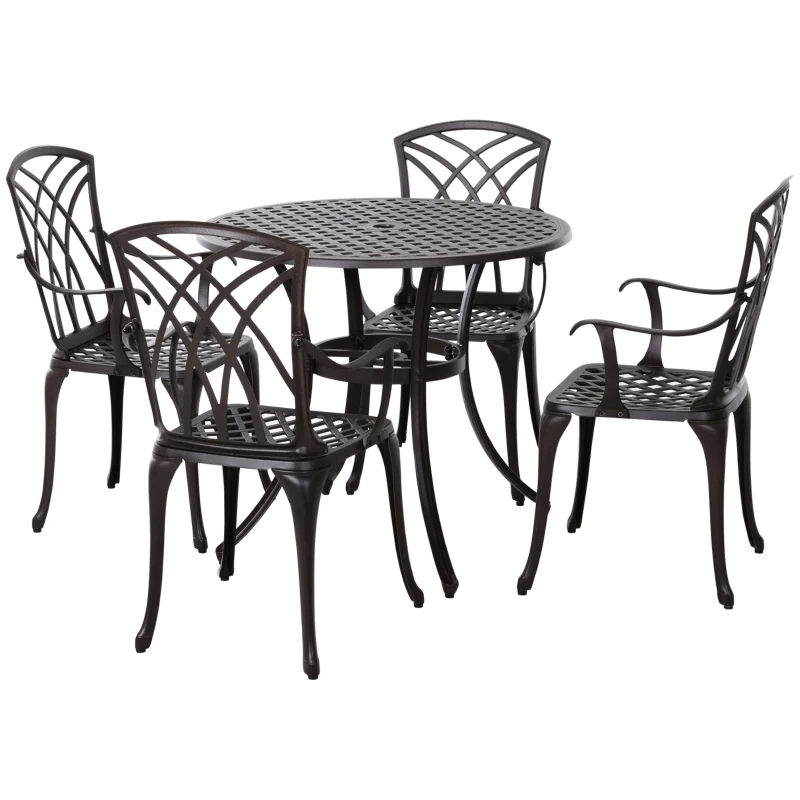 Outsunny 5 Pieces Outdoor Dining Table Set, Cast Aluminium Patio Conversation Furniture Set with 4 Armchairs, a Round Dining Table with Parasol Hole, Brown