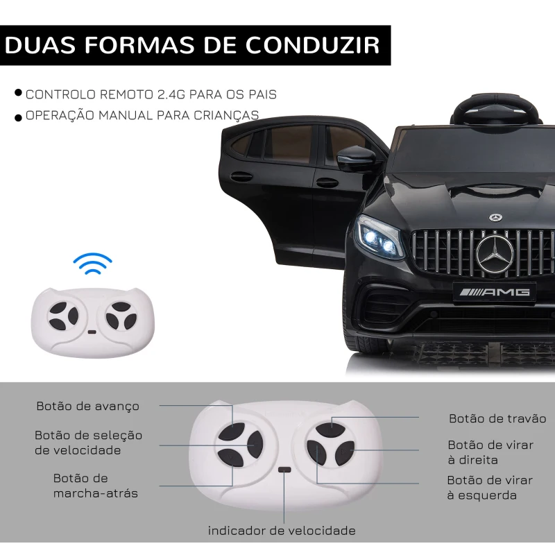 HOMCOM Carro Elétrico Mercedes AMG 12V para Crianças de 3-5 Anos com Controle Remoto Música Luzes Abertura da Porta 115x70x55cm Preto