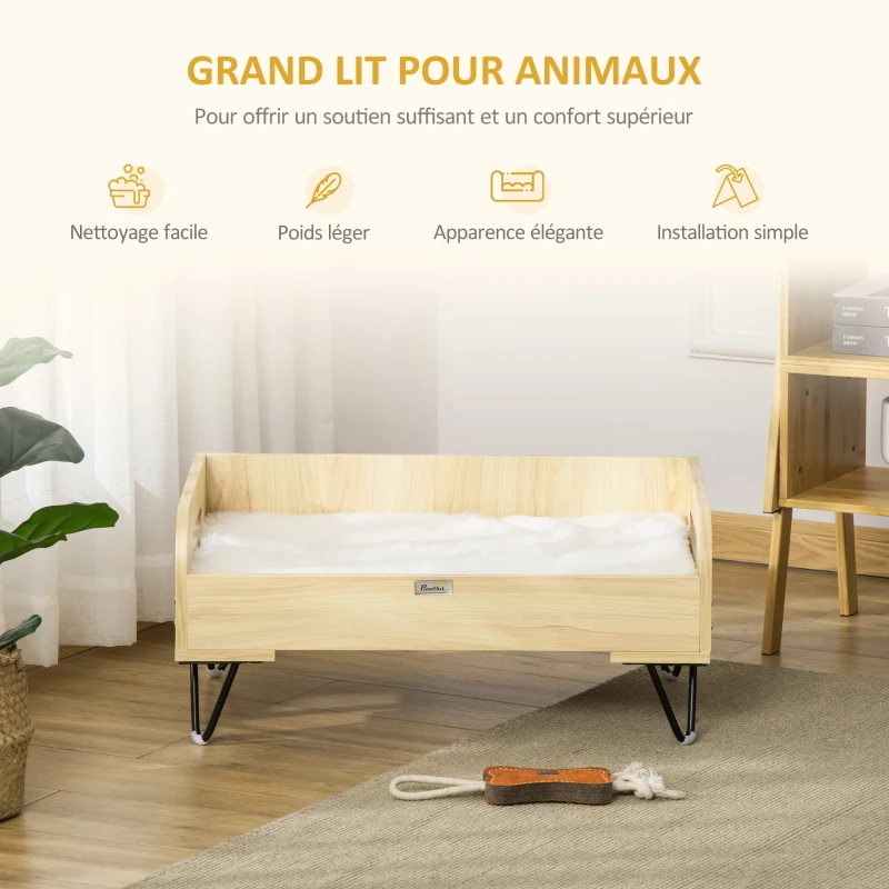 PawHut Canapé lit pour chien chat design dim. 70L x 45l x 31,5H cm piètement métal avec coussin moelleux 2 poignées latérales MDF blanc et aspect bois