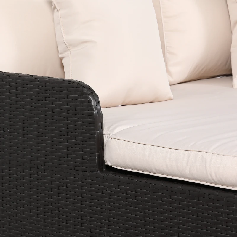 Outsunny Lit canapé double pour jardin en résine tressée PE avec matelas, accoudoirs et 4 coussins dim. 158L x 134l x 70H cm - brun foncé et crème