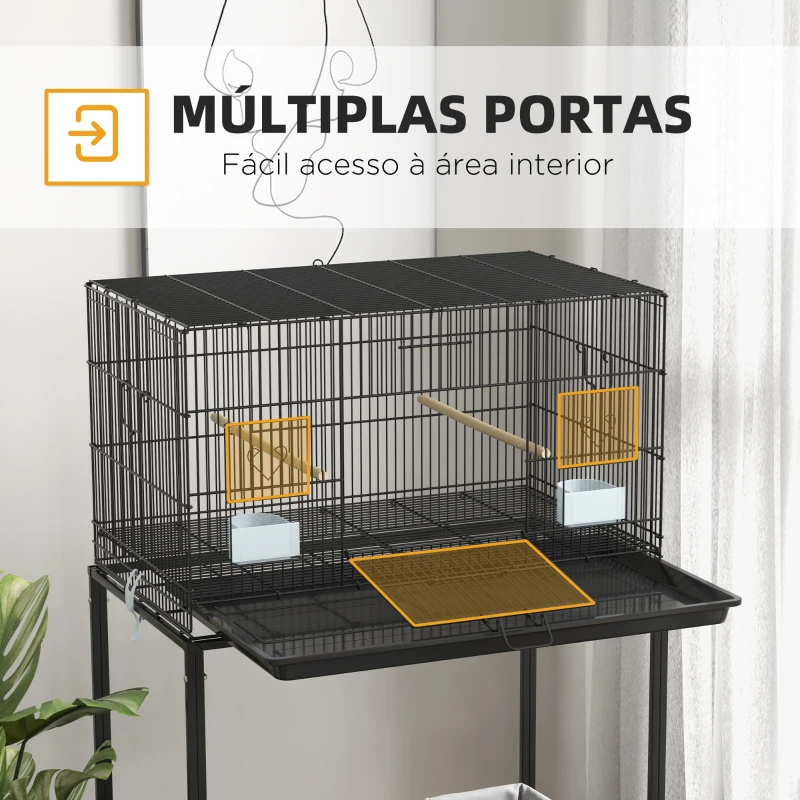 PawHut Gaiola para Pássaros com Rodas 77x46x119 cm Bandeja Amovível 2 Poleiros 2 Comedouros e Prateleira de Armazenamento Preto