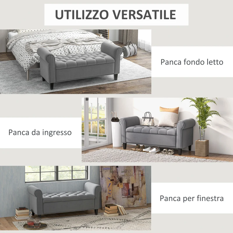 HOMCOM Panca Fondo Letto in Tessuto Vellutato con Spazio Portaoggetti e Braccioli, 126x48.5x57 cm, Grigio