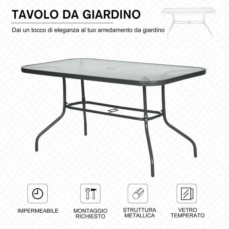 Outsunny Tavolo da Giardino con Foro per Ombrellone, Arredamento da Esterno in Metallo e Vetro 140x80x70cm Grigio