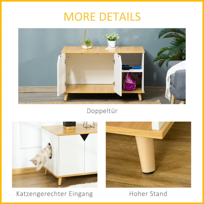 PawHut Katzenschrank für katzentoilette 2 in 1 Design Katzenklo mit Magnettür Beistelltisch Katzenhaus für Katzenbett mit Türöffnung Kiefernholz Eiche+Weiß 100 x 55 x 60 cm