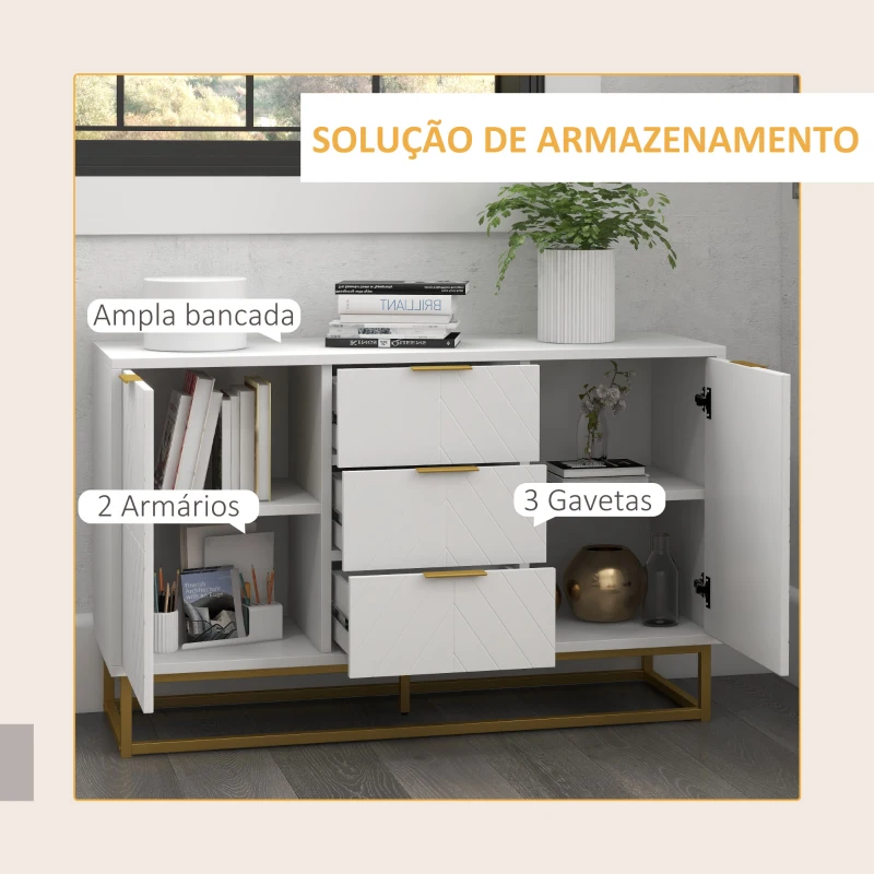 HOMCOM Aparador Auxiliar Armário de Armazenamento com 3 Gavetas e 2 Armários com Prateleira Ajustável 120x40x76 cm Branco