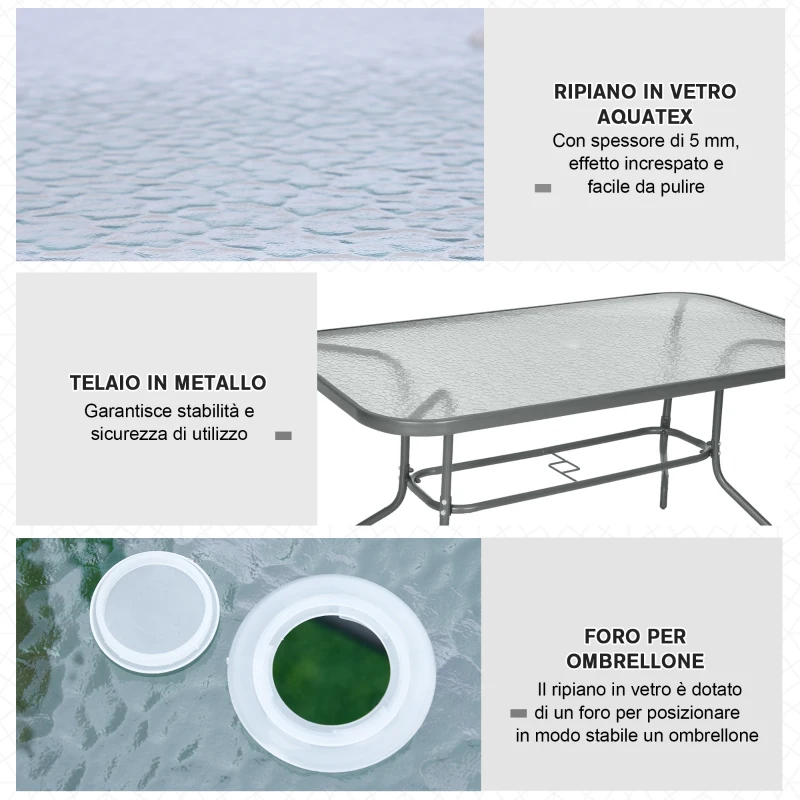 Outsunny Tavolo da Giardino con Foro per Ombrellone, Arredamento da Esterno in Metallo e Vetro 140x80x70cm Grigio